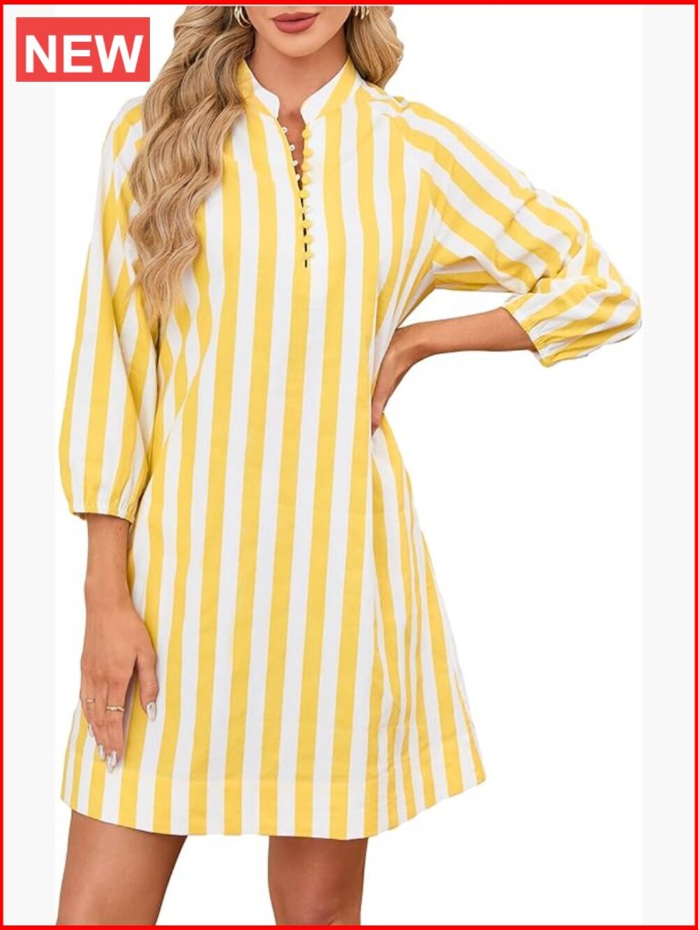 100% Cotton Striped Button Up Shirt Dress 3/4 Sleeve Casual Mini Sundress